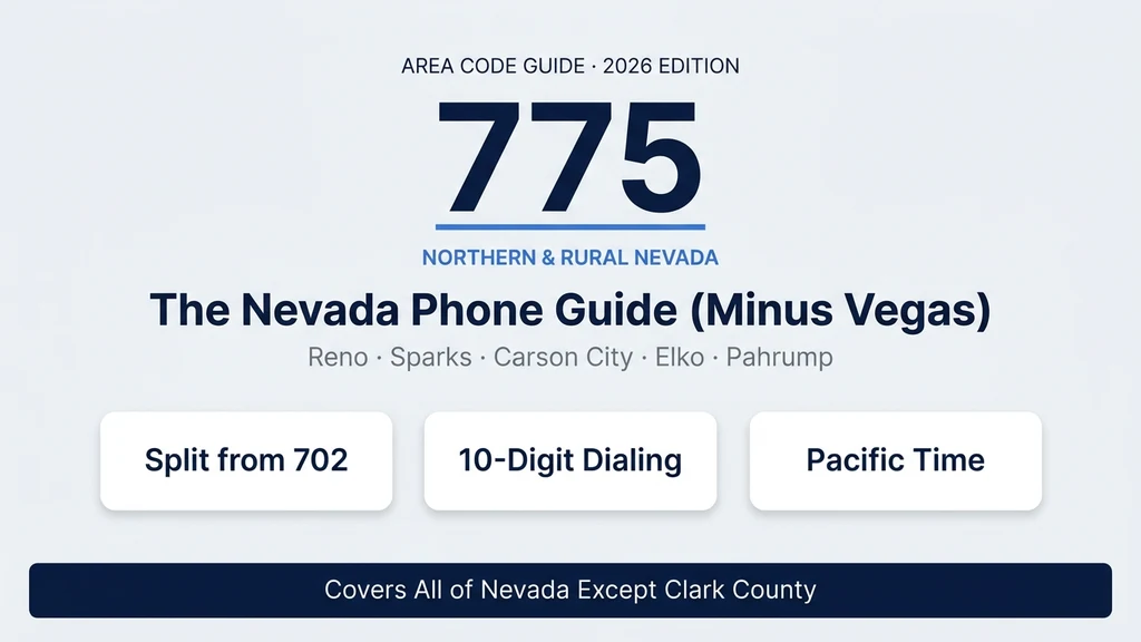 Light blue banner with a Nevada silhouette highlighting the 775 region outside Las Vegas and stat pills for cities, split history, and Pacific Time