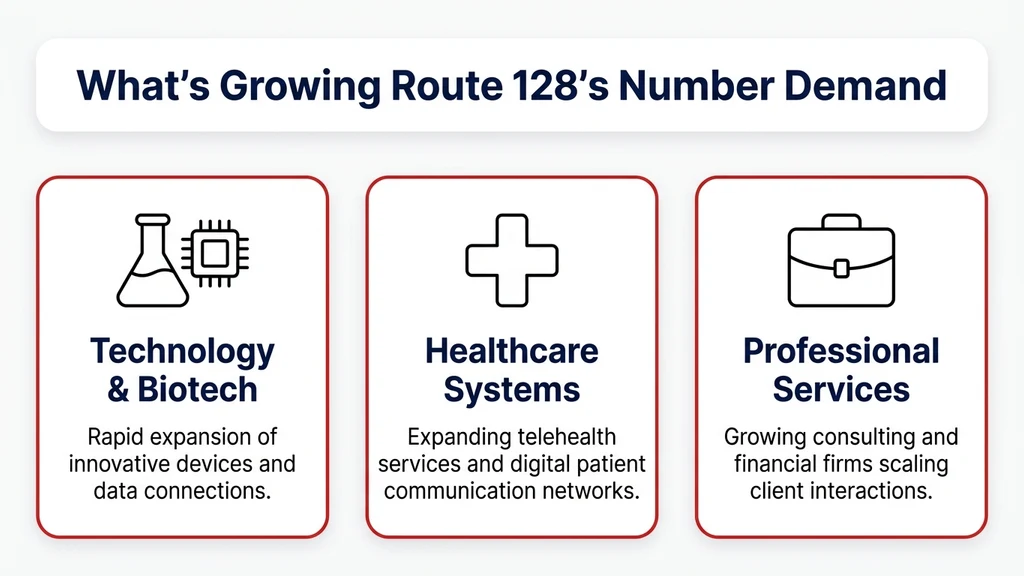 Editorial stat graphic titled What's Growing Route 128's Number Demand, with rows for technology and biotech, healthcare systems, and professional services