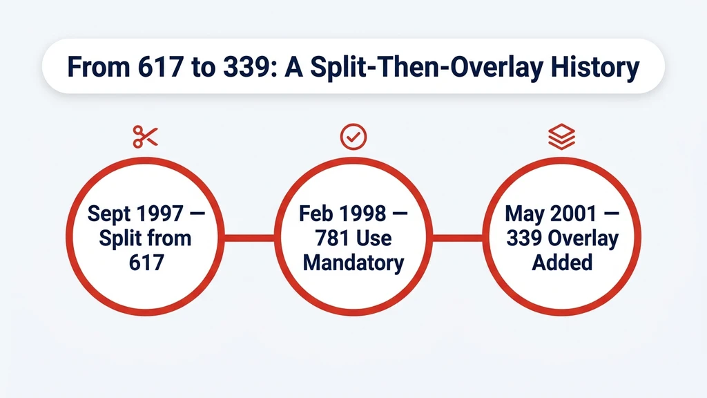 Timeline graphic showing three milestones: 1997 split from 617, 1998 mandatory 781 use, and 2001 339 overlay activated