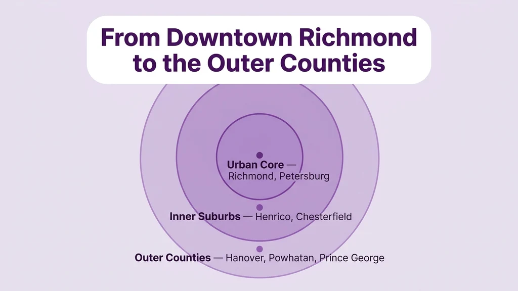 Concentric rings diagram showing downtown Richmond at the center, inner suburbs Henrico and Chesterfield in the next ring, and outer counties like Hanover and Prince George in the outermost ring