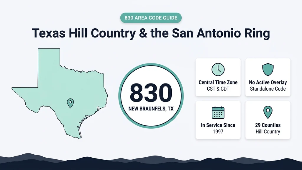 Map of Texas with the Hill Country and San Antonio ring highlighted, a bold 830 area code badge, and info cards listing time zone, overlay status, and service start date