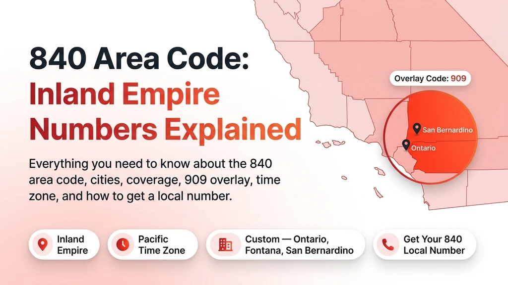 Red and orange banner showing a map badge over the Inland Empire with pins for San Bernardino and Ontario, labeled as the overlay for area code 909