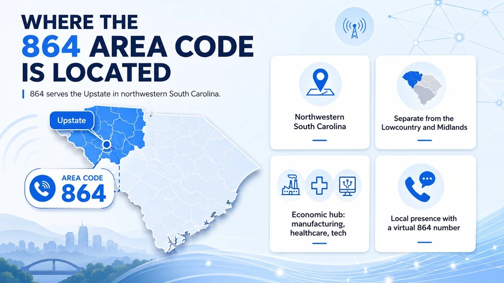 Where the 864 area code is located: northwestern South Carolina Upstate, separate from the Lowcountry and Midlands, an economic hub for manufacturing, healthcare, and tech