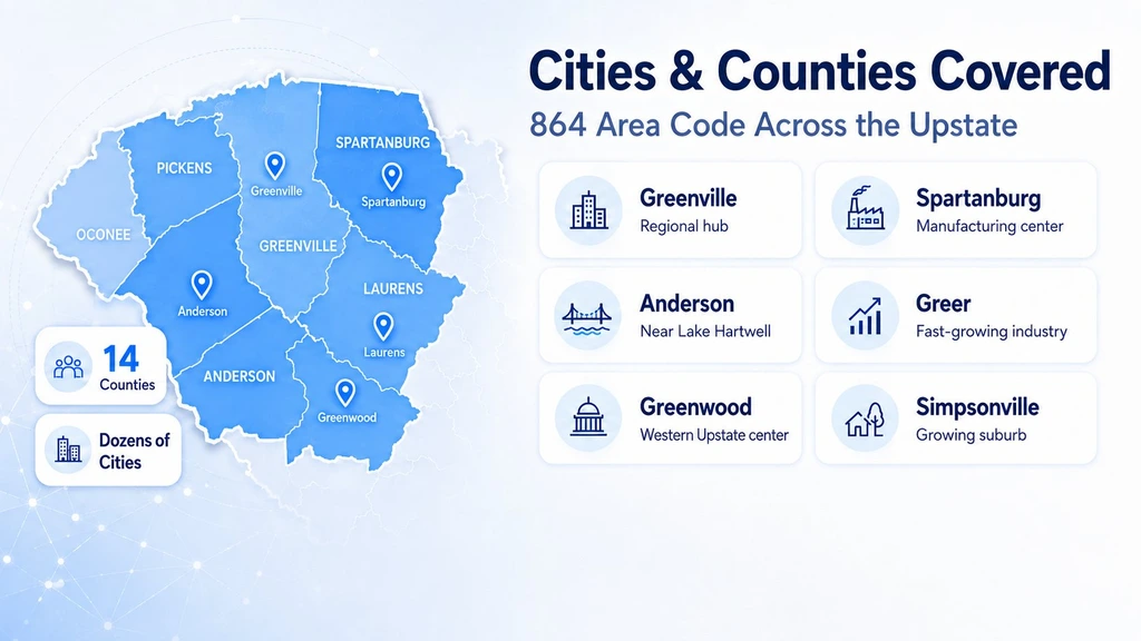 Cities and counties covered by the 864 area code across the Upstate: 14 counties and dozens of cities including Greenville, Spartanburg, Anderson, Greer, Greenwood, and Simpsonville