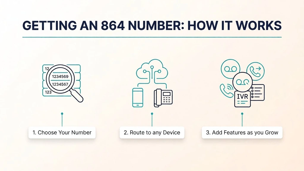Getting an 864 number, how it works in three steps: choose your number, route to any device, and add features as you grow