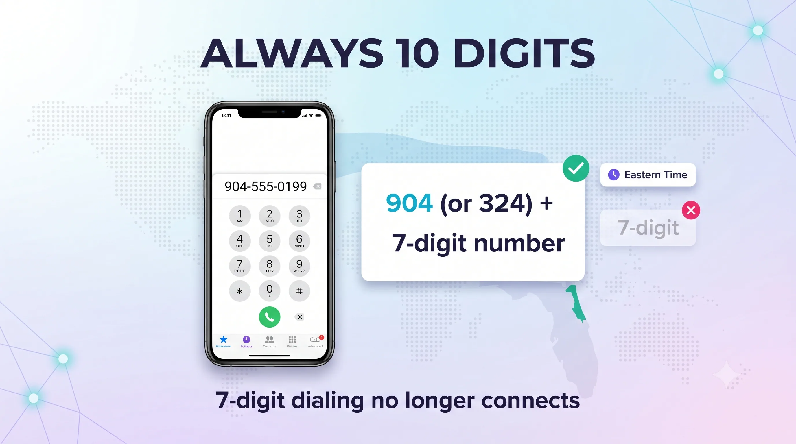 Infographic showing 10-digit dialing is always required: 904 or 324 plus a 7-digit number, with 7-digit dialing no longer connecting