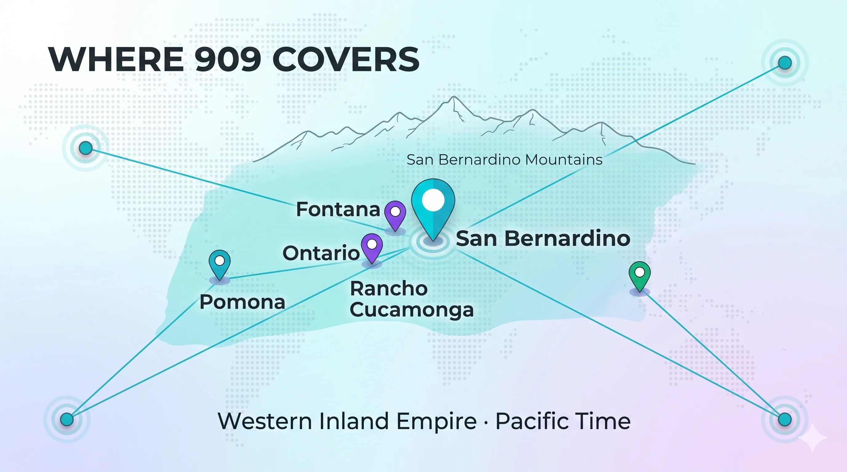 Map of where the 909 area code covers across the western Inland Empire including San Bernardino, Fontana, Ontario, Pomona, and Rancho Cucamonga