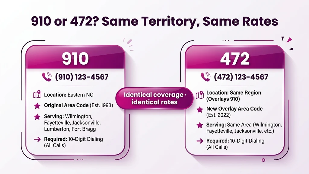 Comparison graphic showing 910 and 472 side by side as equivalent overlay codes covering the same southeastern North Carolina territory