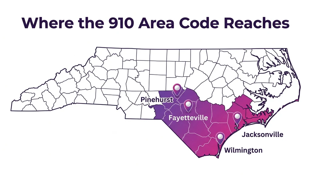 Map graphic of southeastern North Carolina highlighting the 910 region with pins over Fayetteville, Wilmington, Jacksonville, and Pinehurst