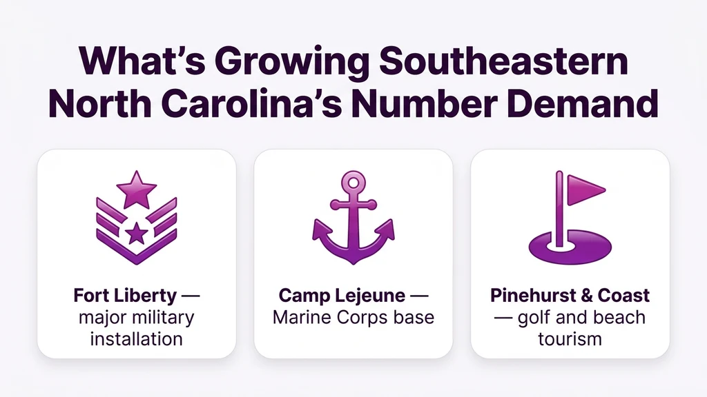 Editorial stat graphic titled What's Growing Southeastern North Carolina's Number Demand, with rows for Fort Liberty, Camp Lejeune, and Pinehurst golf tourism