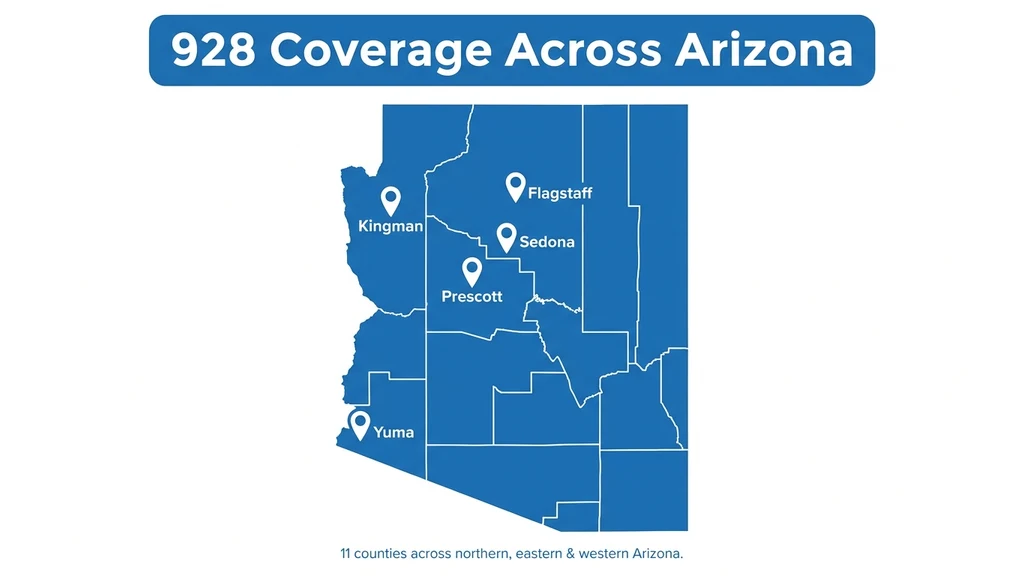 Highlighted map graphic showing northern and western Arizona with pins over Flagstaff, Yuma, Kingman, and Prescott