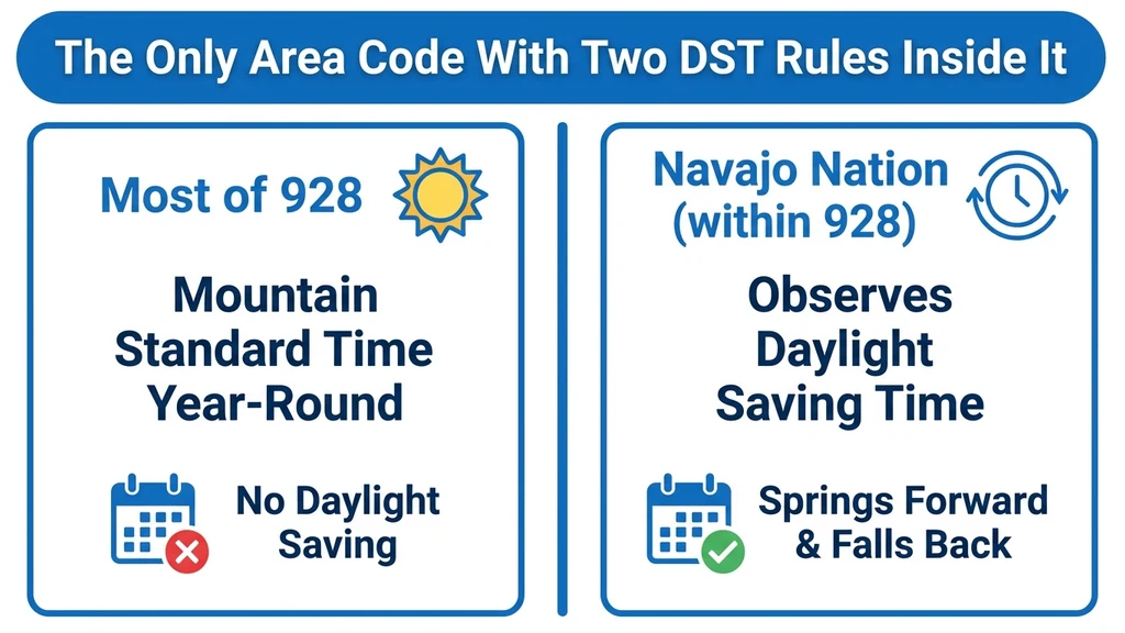 Split-clock graphic showing most of 928's Arizona territory staying on standard time year-round while the Navajo Nation portion observes daylight saving time