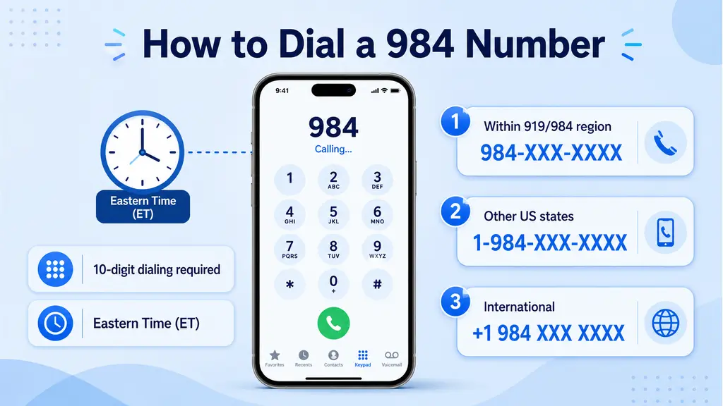 Smartphone dial pad showing +1 (984) XXX-XXXX beside an Eastern Time clock icon on a pale blue infographic
