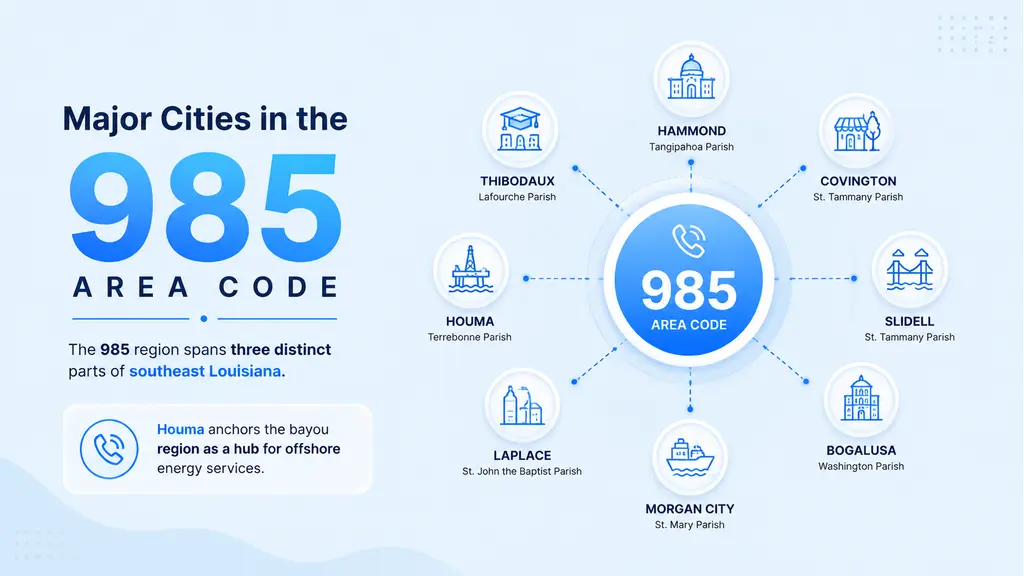 Major cities in the 985 area code — Houma, Thibodaux, Hammond, Covington, Slidell, LaPlace, Bogalusa, Morgan City