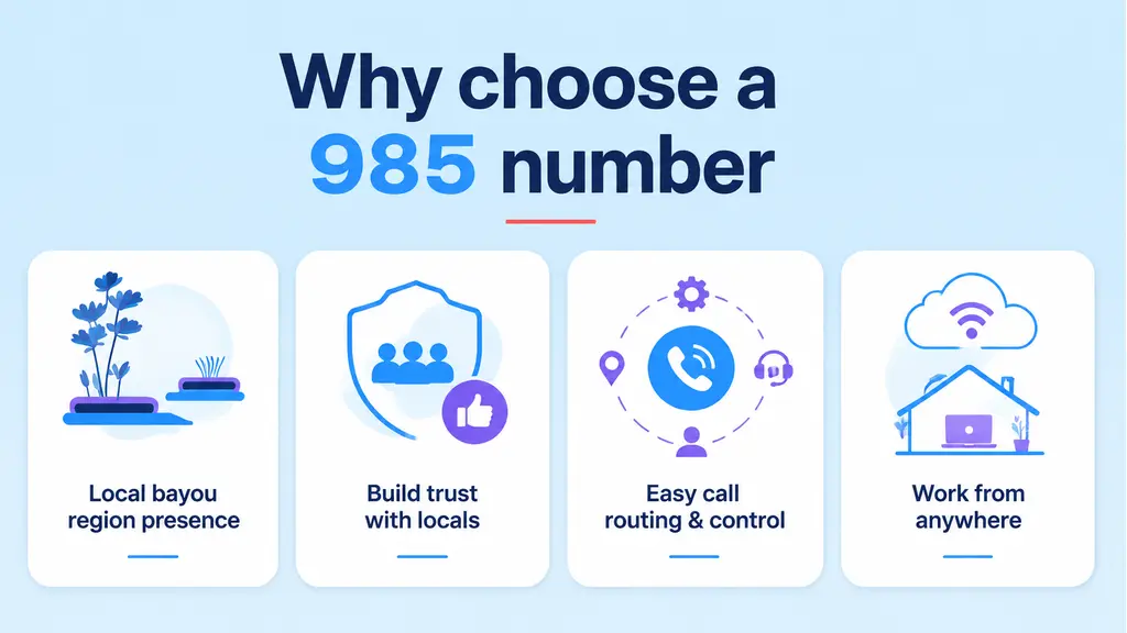 Four white benefit cards with cyan and violet icons reading local bayou-region presence, build trust, easy routing and work from anywhere